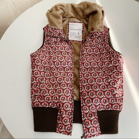 Aeropostale Down Feather Hooded Puffer Vest Faux Fur Burgundy Y2K Boho Snow S - Picture 5 of 6